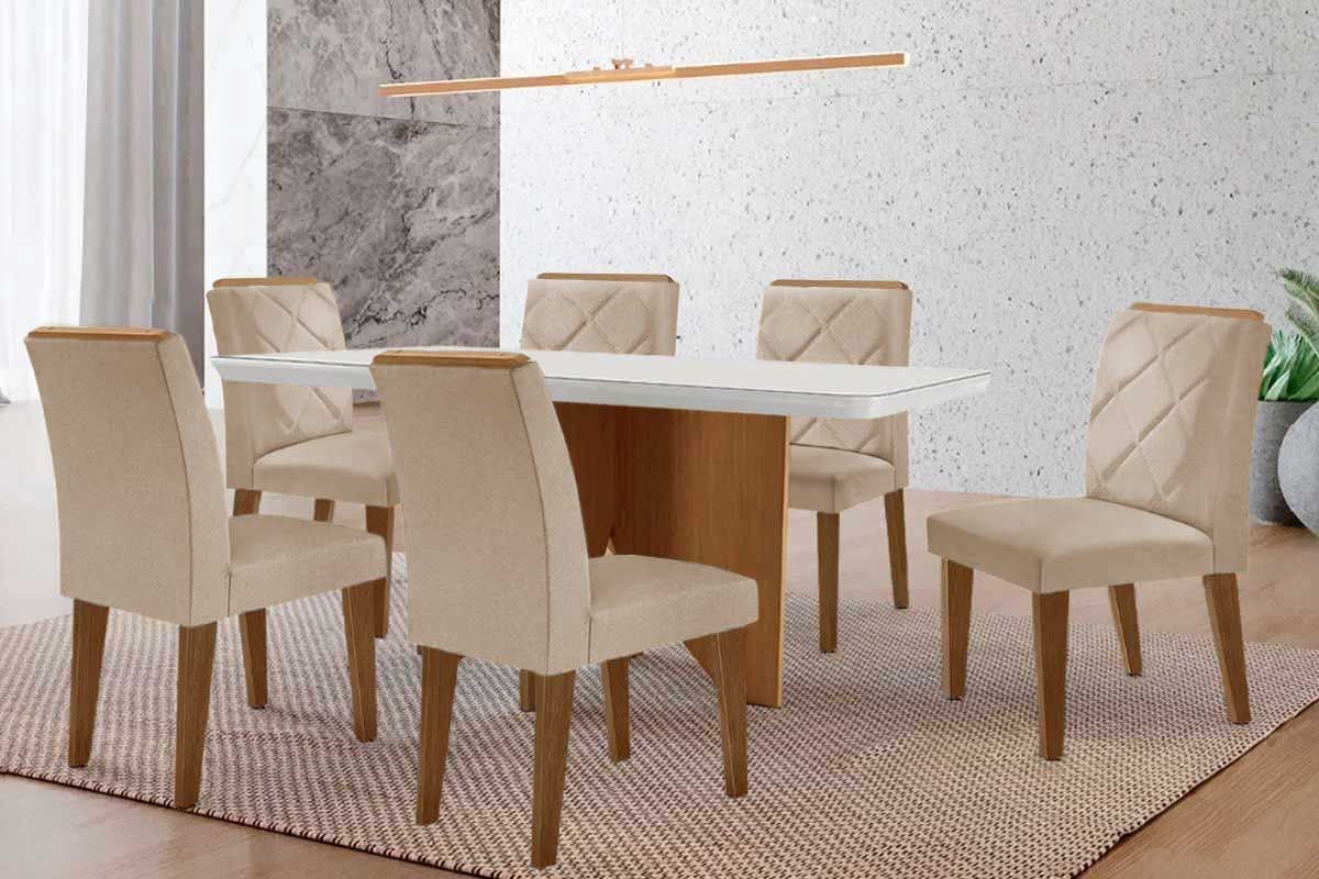 Sala Jantar Mesa Nevada Curvo 180cm + 6 Cadeiras Pietá Madeira - Rufato