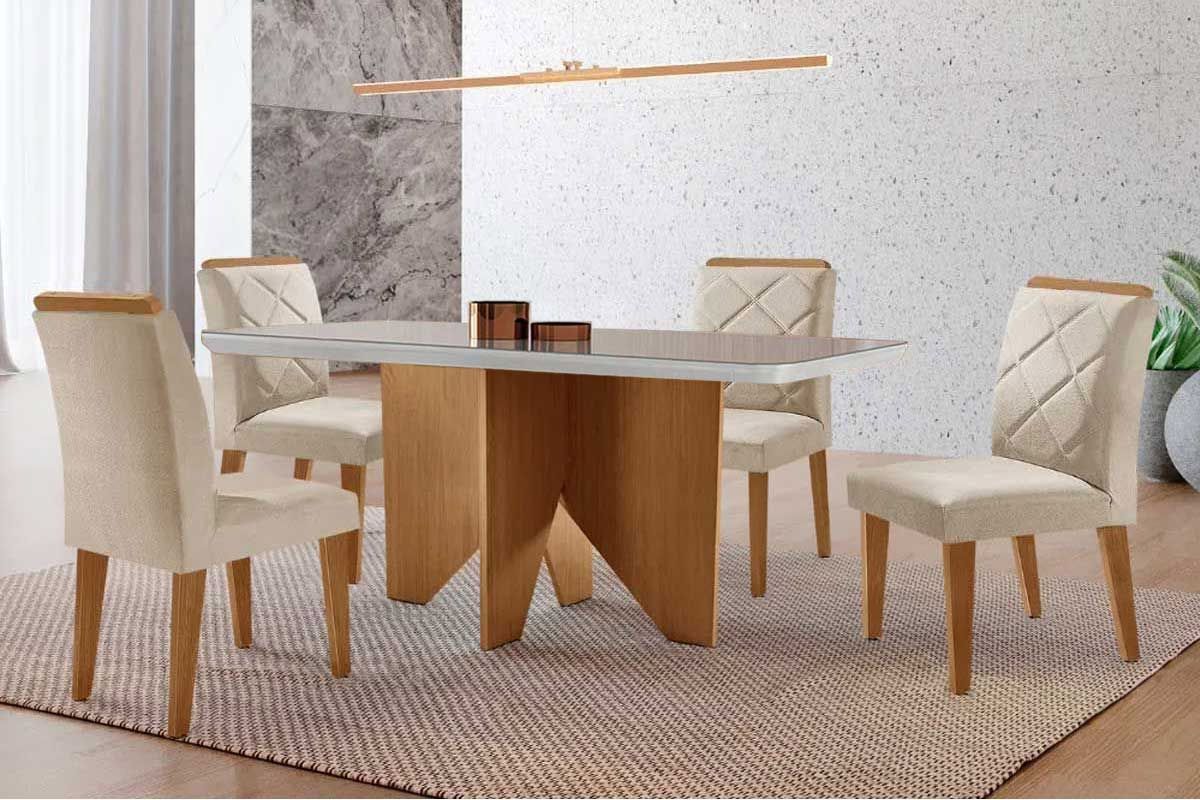 Sala Jantar Mesa Nevada Curvo 120cm + 4 Cadeiras Pietá Madeira - Rufato