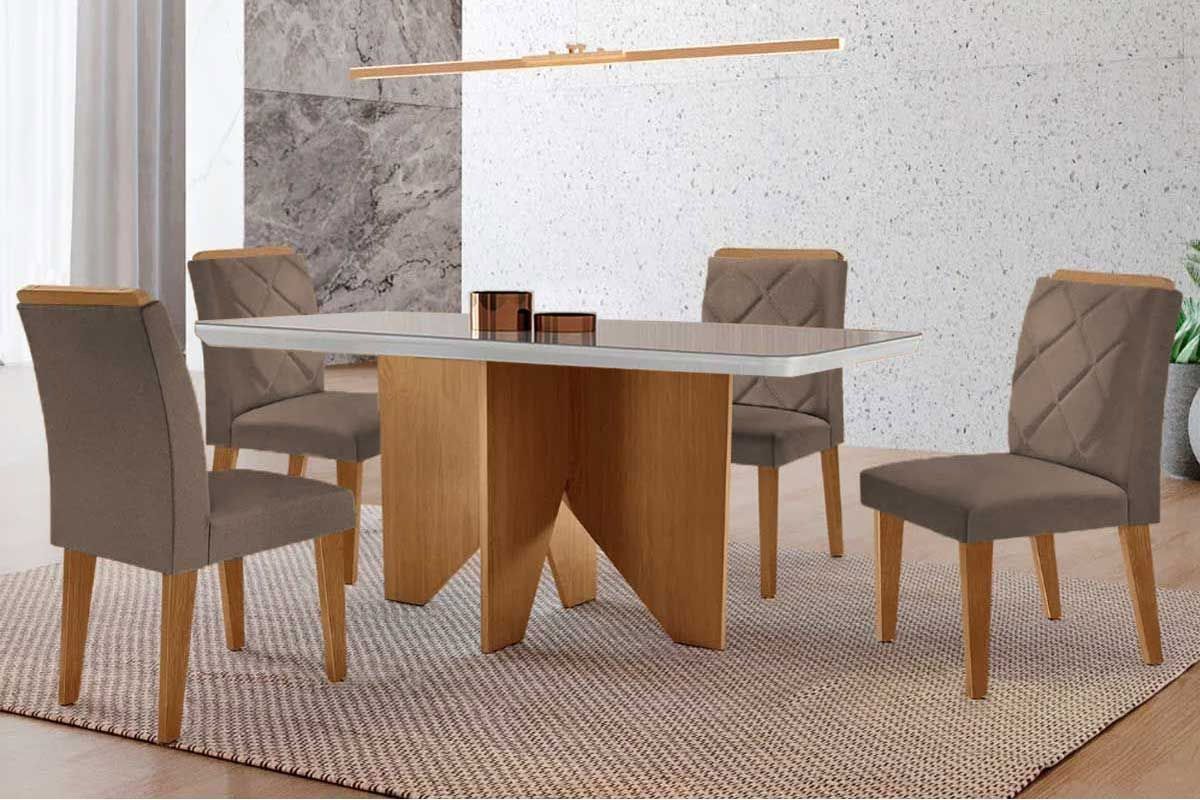 Sala Jantar Mesa Nevada Curvo 120cm + 4 Cadeiras Pietá Madeira - Rufato