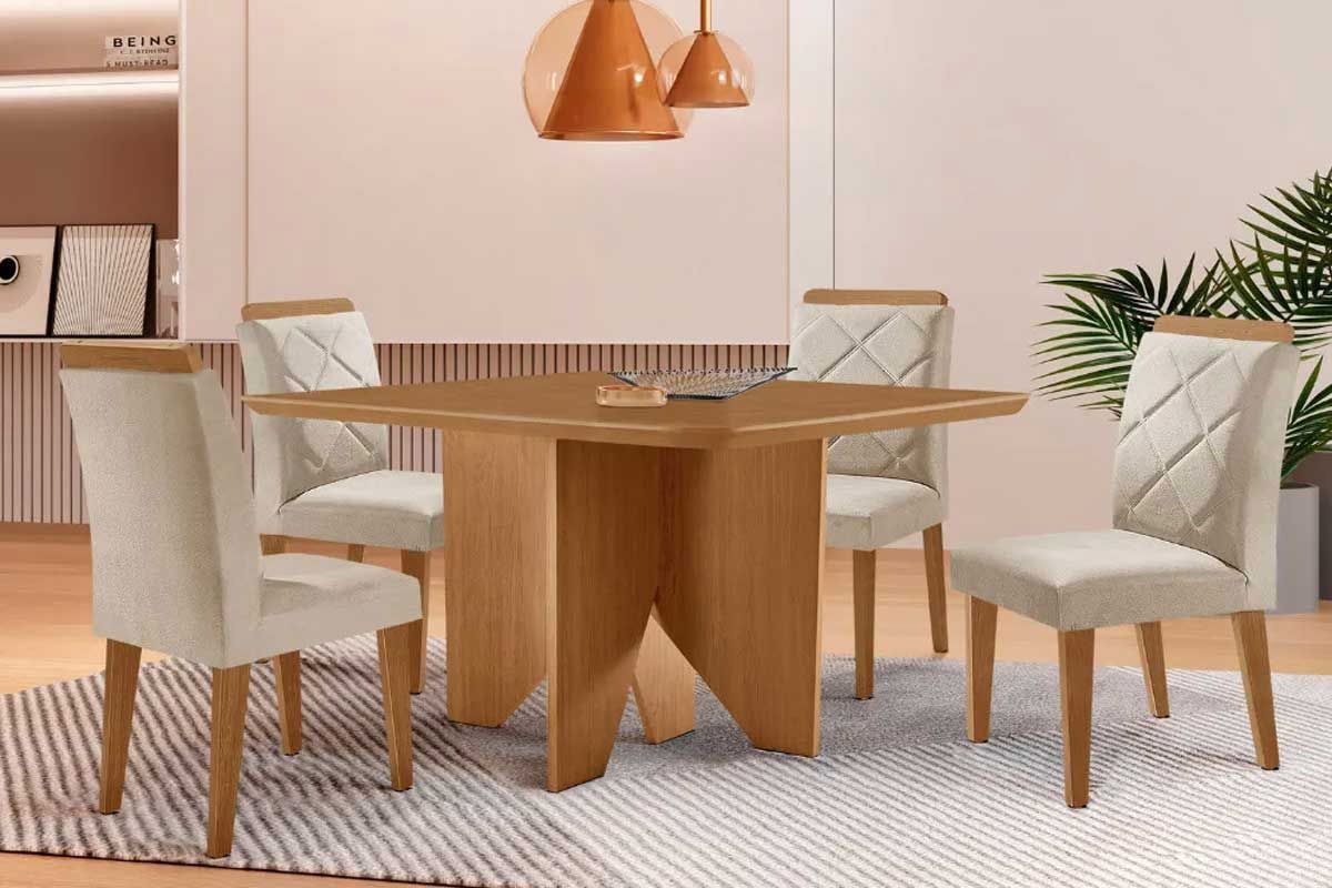 Sala Jantar Mesa Nevada Curvo 90cm + 4 Cadeiras Pietá Madeira Maciça - Rufato