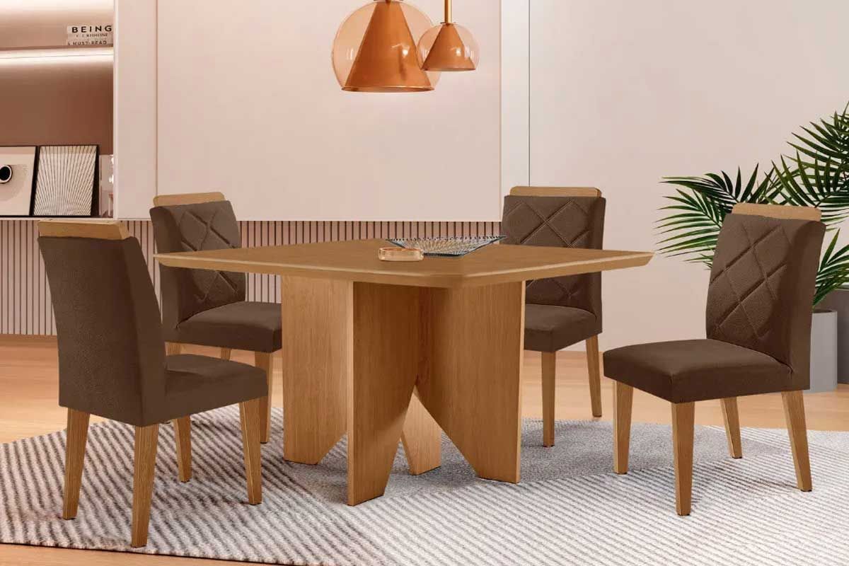 Sala Jantar Mesa Nevada Curvo 90cm + 4 Cadeiras Pietá Madeira Maciça - Rufato