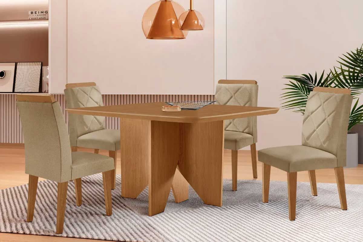 Sala Jantar Mesa Nevada Curvo 90cm + 4 Cadeiras Pietá Madeira Maciça - Rufato