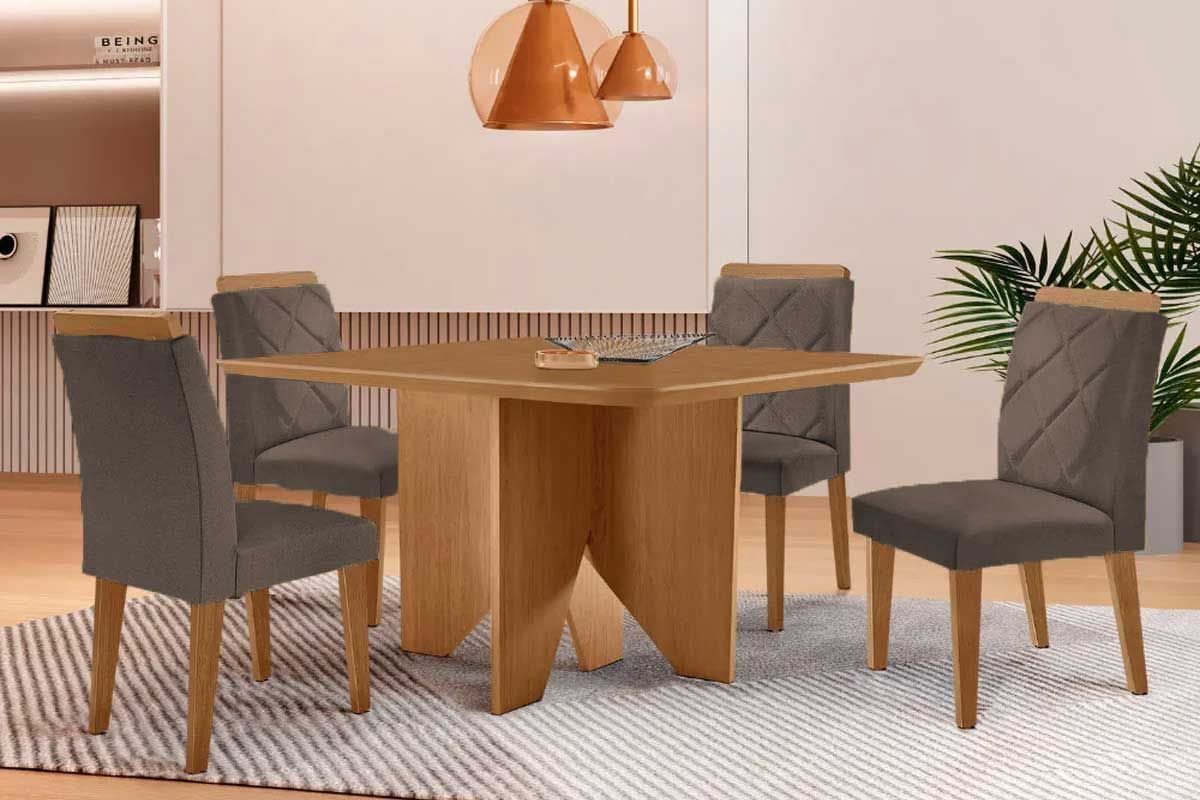 Sala Jantar Mesa Nevada Curvo 90cm + 4 Cadeiras Pietá Madeira Maciça - Rufato