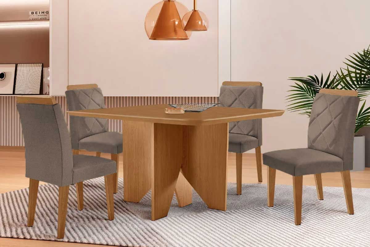 Sala Jantar Mesa Nevada Curvo 90cm + 4 Cadeiras Pietá Madeira Maciça - Rufato