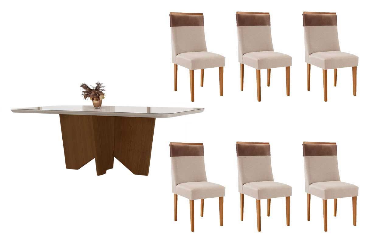 Sala Jantar Mesa Nevada Curvo 180cm + 6 Cadeiras Jaspe Madeira - Rufato