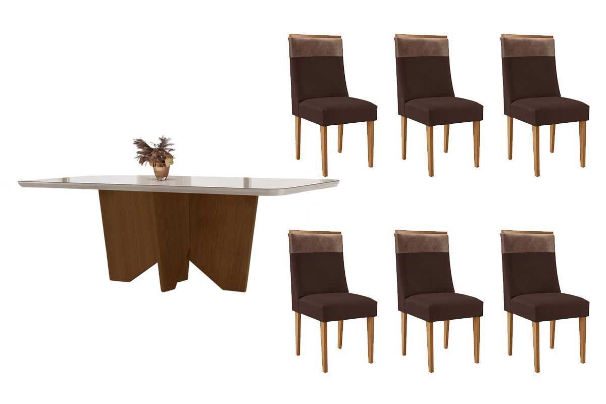 Sala Jantar Mesa Nevada Curvo 180cm + 6 Cadeiras Jaspe Madeira - Rufato