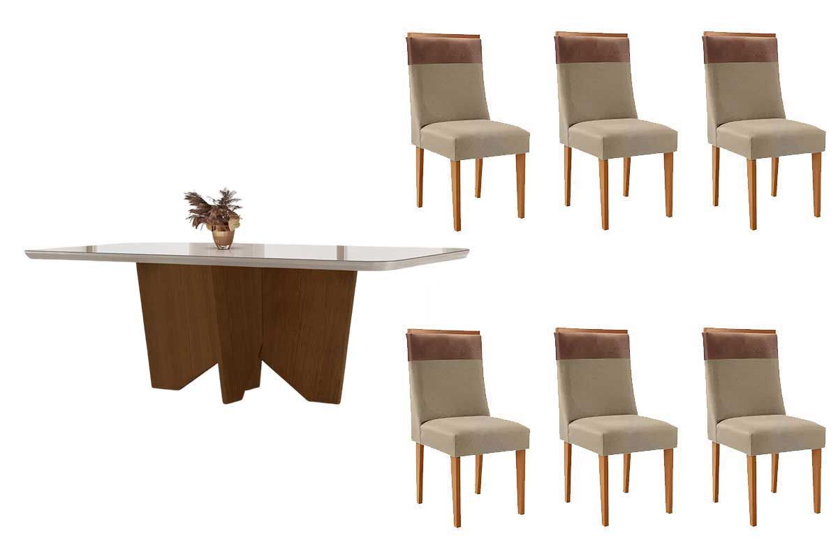 Sala Jantar Mesa Nevada Curvo 180cm + 6 Cadeiras Jaspe Madeira - Rufato