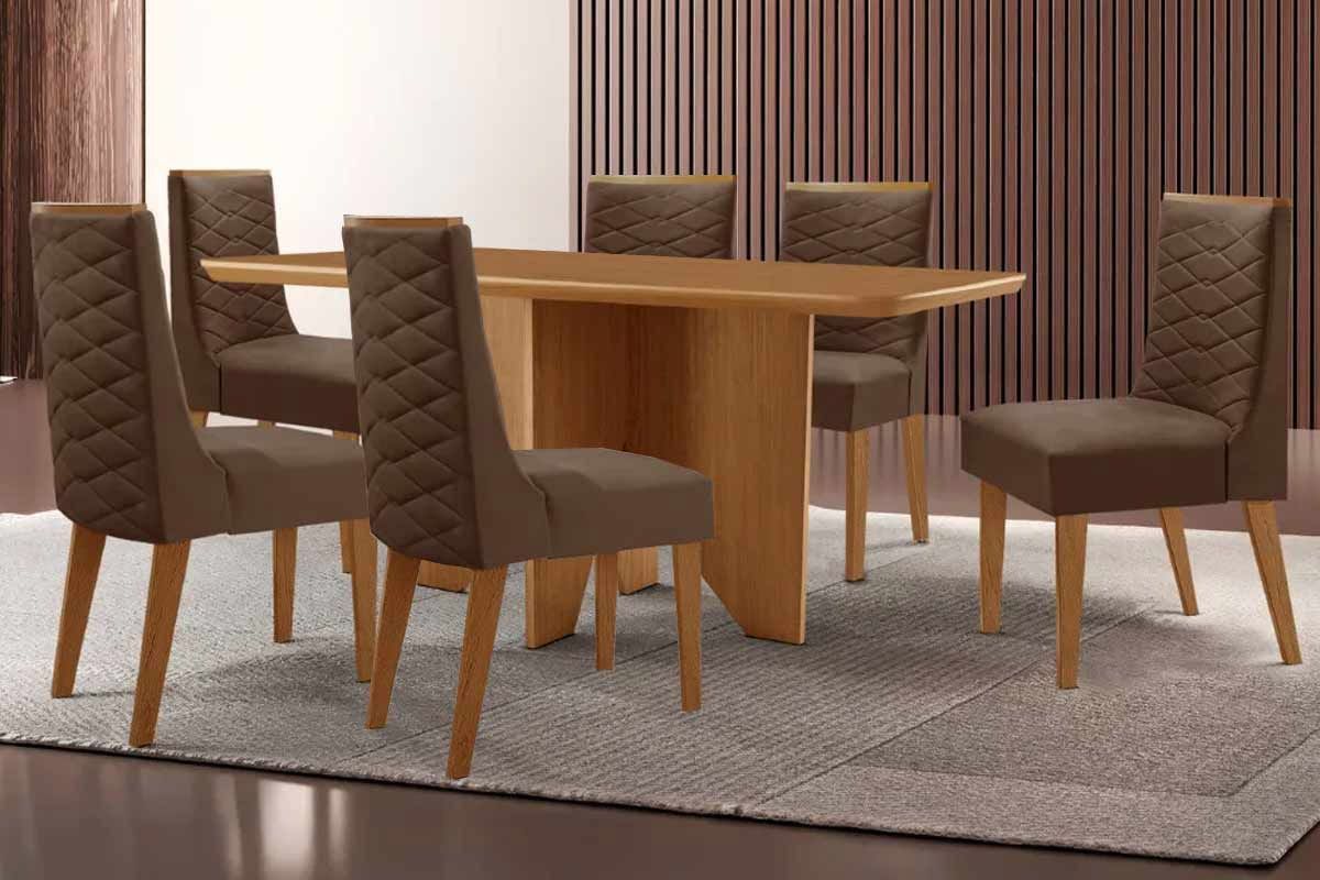 Sala Jantar Mesa Nevada Curvo 180cm + 6 Cadeiras Dafne Madeira - Rufato