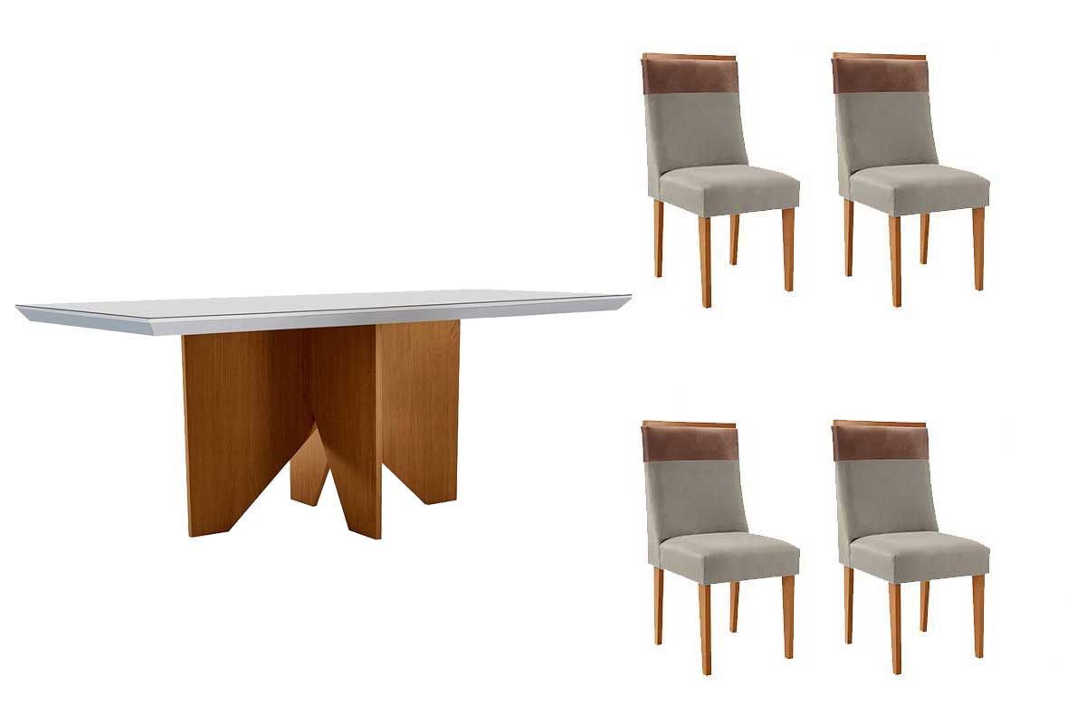 Sala Jantar Mesa Nevada Curvo 120cm + 4 Cadeiras Jaspe Madeira - Rufato