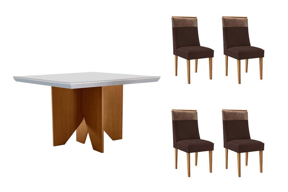 Sala Jantar Mesa Nevada Curvo 90cm + 4 Cadeiras Jaspe Madeira - Rufato