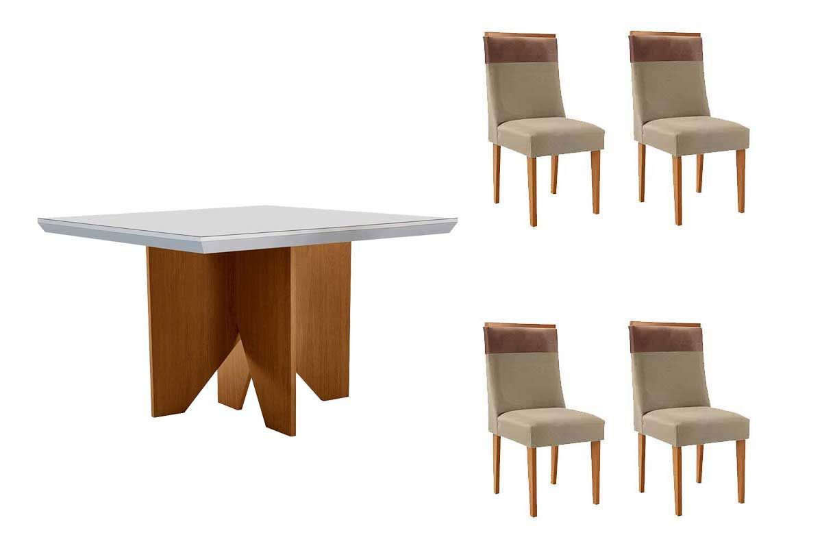 Sala Jantar Mesa Nevada Curvo 90cm + 4 Cadeiras Jaspe Madeira - Rufato
