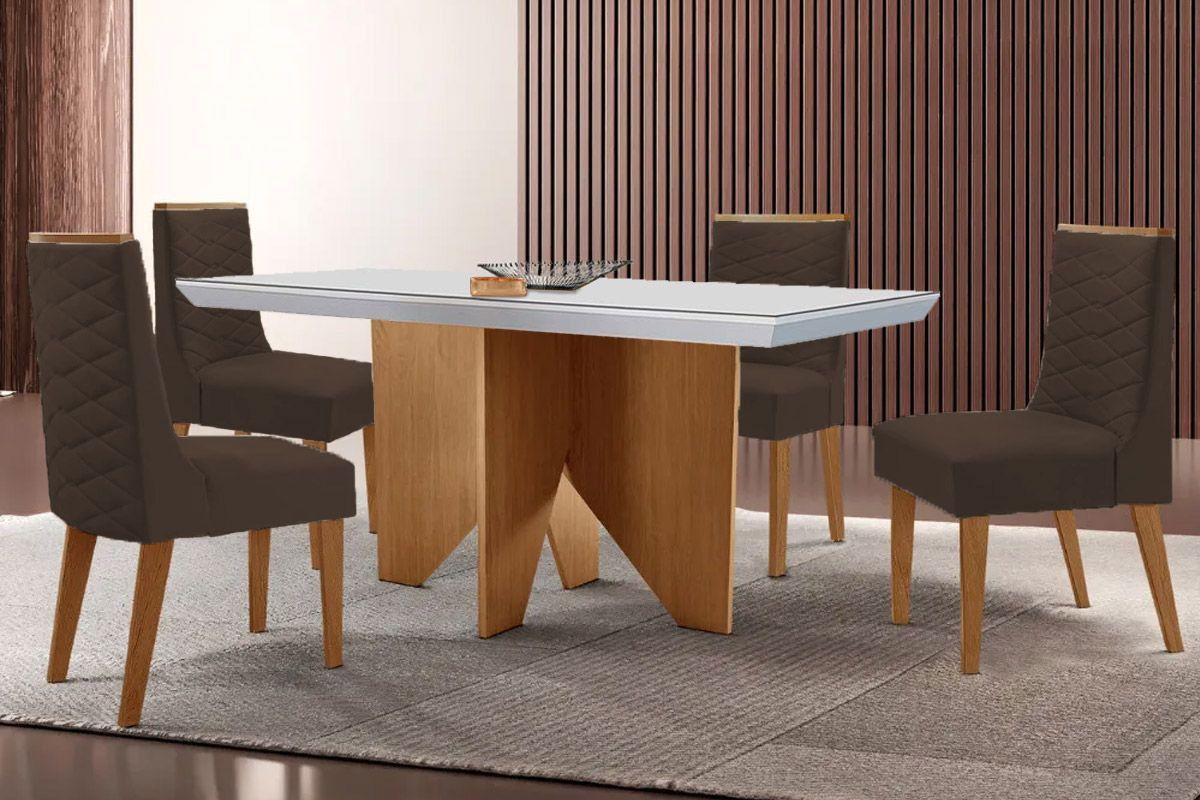 Sala Jantar Mesa Nevada Curvo 120cm + 4 Cadeiras Dafne Madeira - Rufato