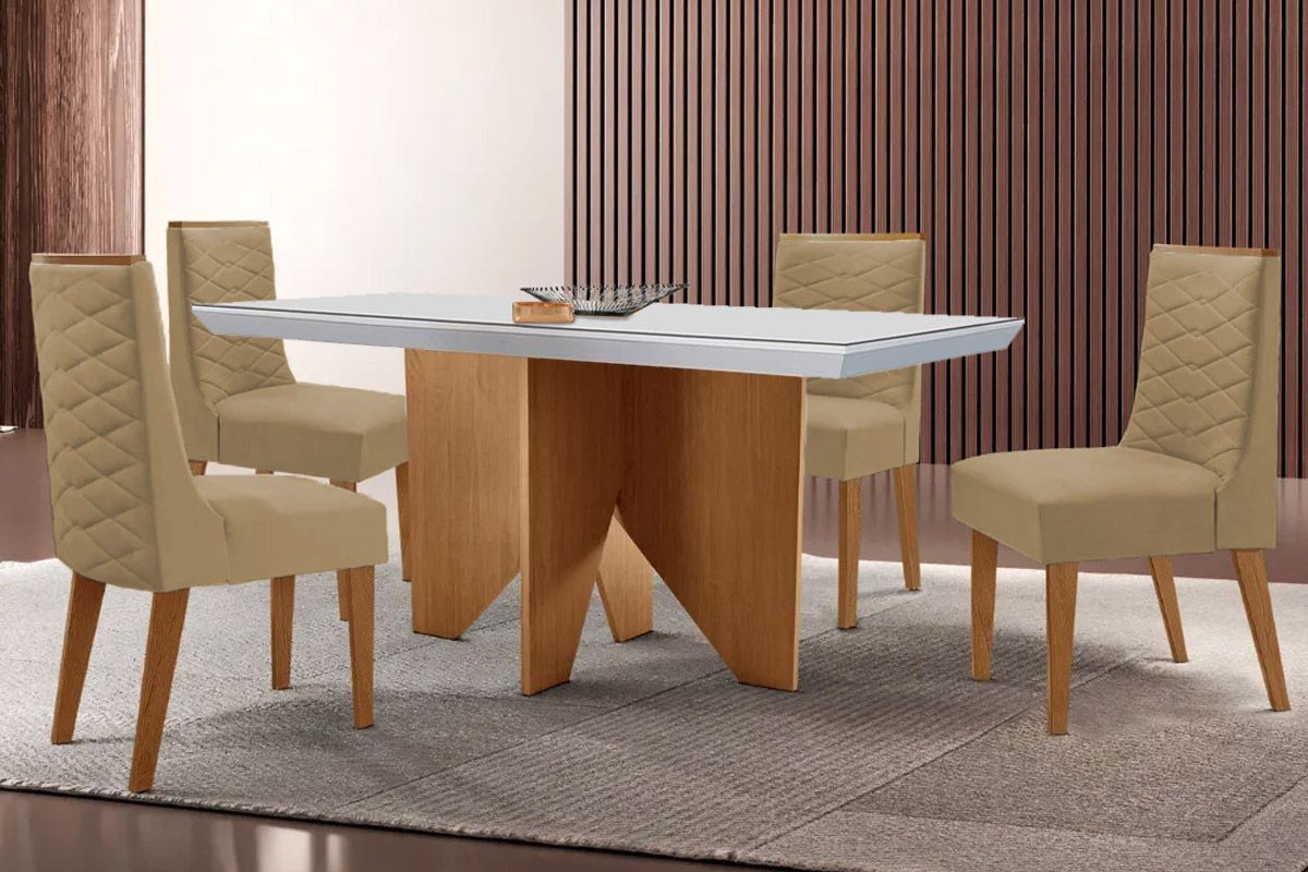 Sala Jantar Mesa Nevada Curvo 120cm + 4 Cadeiras Dafne Madeira - Rufato