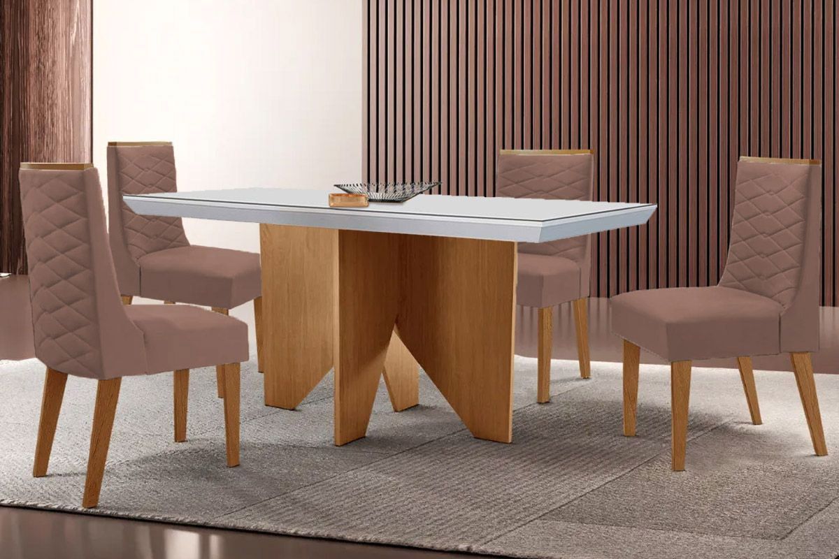 Sala Jantar Mesa Nevada Curvo 120cm + 4 Cadeiras Dafne Madeira - Rufato
