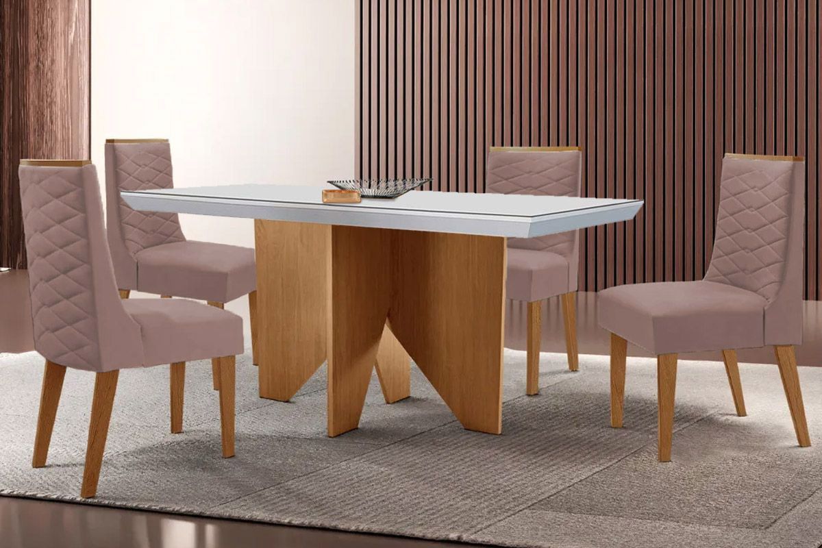 Sala Jantar Mesa Nevada Curvo 120cm + 4 Cadeiras Dafne Madeira - Rufato