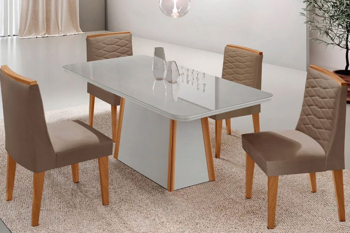 Sala Jantar Mesa Tilia Curvo 120cm + 4 Cadeiras Maldivas Madeira - Rufato