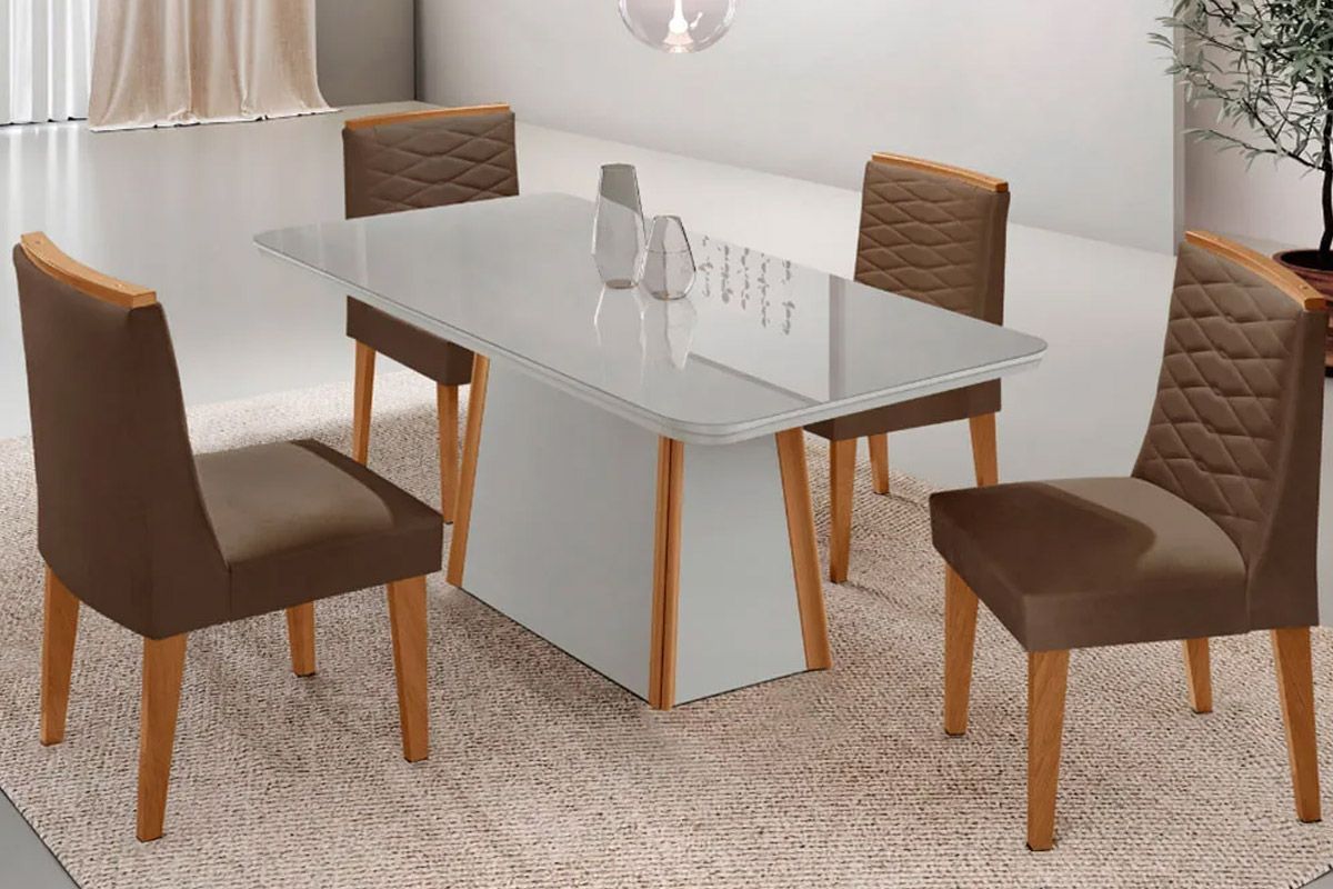 Sala Jantar Mesa Tilia Curvo 120cm + 4 Cadeiras Maldivas Madeira - Rufato