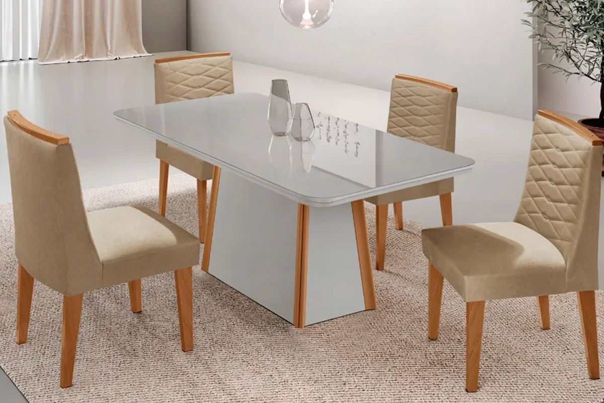 Sala Jantar Mesa Tilia Curvo 120cm + 4 Cadeiras Maldivas Madeira - Rufato