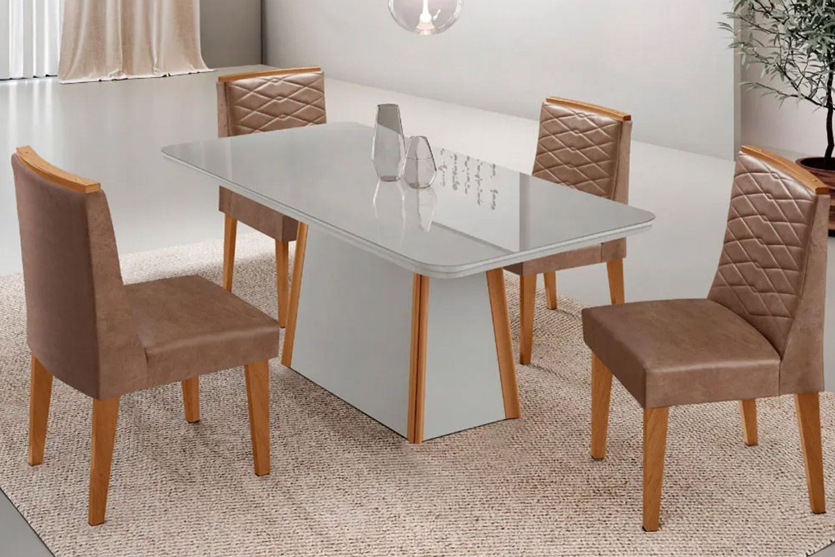 Sala Jantar Mesa Tilia Curvo 120cm + 4 Cadeiras Maldivas Madeira - Rufato