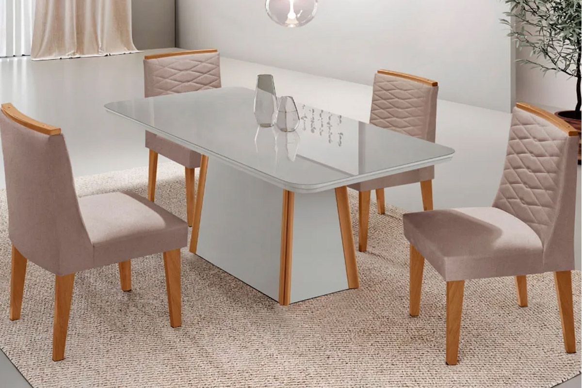 Sala Jantar Mesa Tilia Curvo 120cm + 4 Cadeiras Maldivas Madeira - Rufato