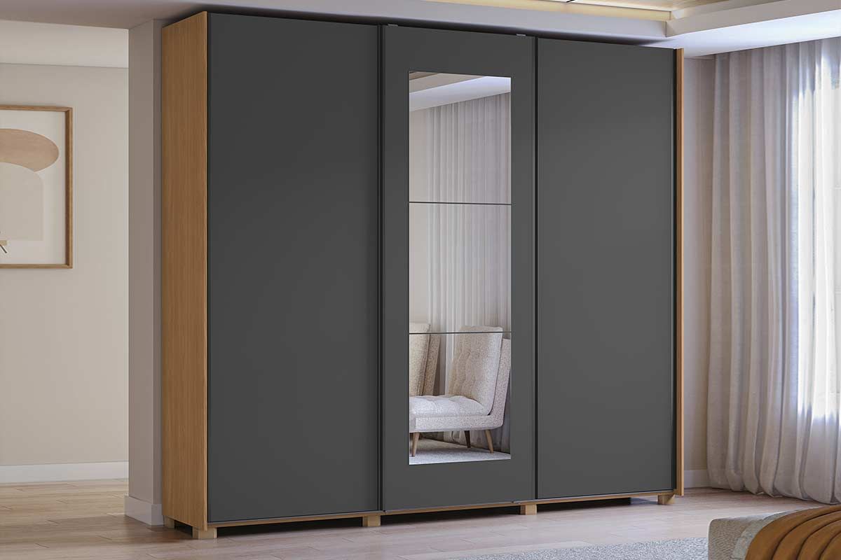 Guarda Roupa Casal 3 Portas de Correr (1 c/Espelho) e 4 Gavetas c/Pés CB01T582 Kappesberg