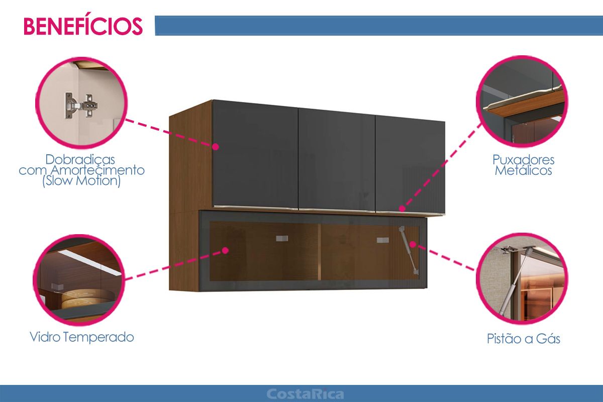 Armário Aéreo Cozinha Kappesberg Vibra T651 c/4 Portas c/Vidro 120cm
