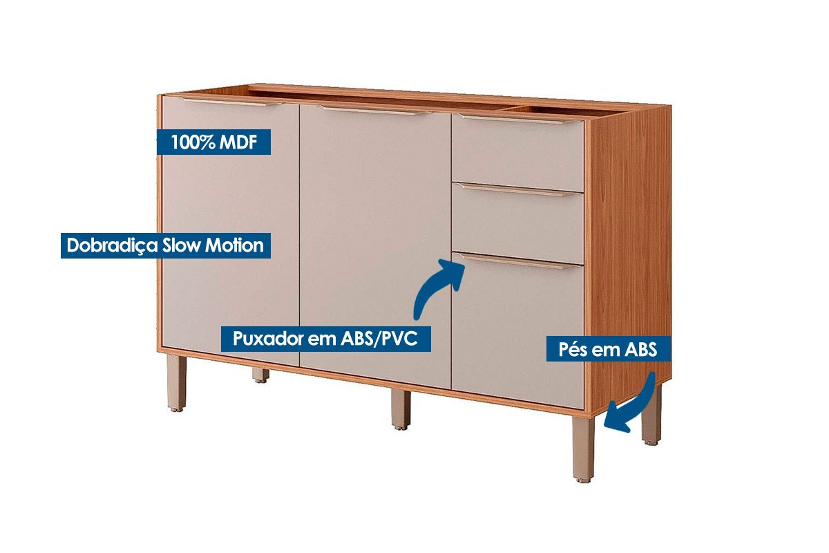 Balcão Cozinha MGM Brilhante c/3 Portas 2Gavs s/Tampo 120cm