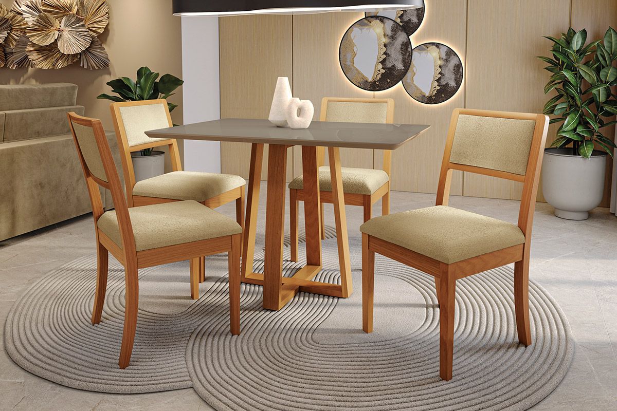 Sala Jantar Mesa Elma Premium Madeira Maciça c/ Tampo Madeirado c/ Vidro 120x80cm e 4 Cadeiras Alice - Kappesberg