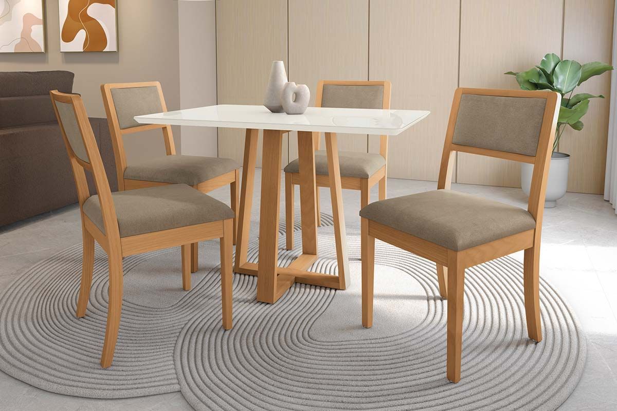 Sala Jantar Mesa Elma Premium Madeira Maciça c/ Tampo Madeirado c/ Vidro 120x80cm e 4 Cadeiras Alice - Kappesberg
