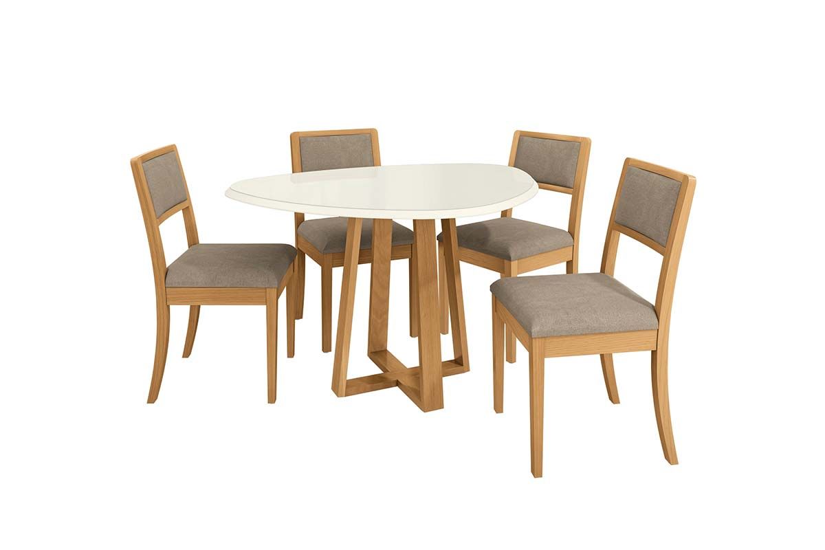 Sala Jantar Mesa Elma Premium Madeira Maciça c/ Tampo Madeirado c/ Vidro 135x105cm e 4 Cadeiras Alice - Kappesberg