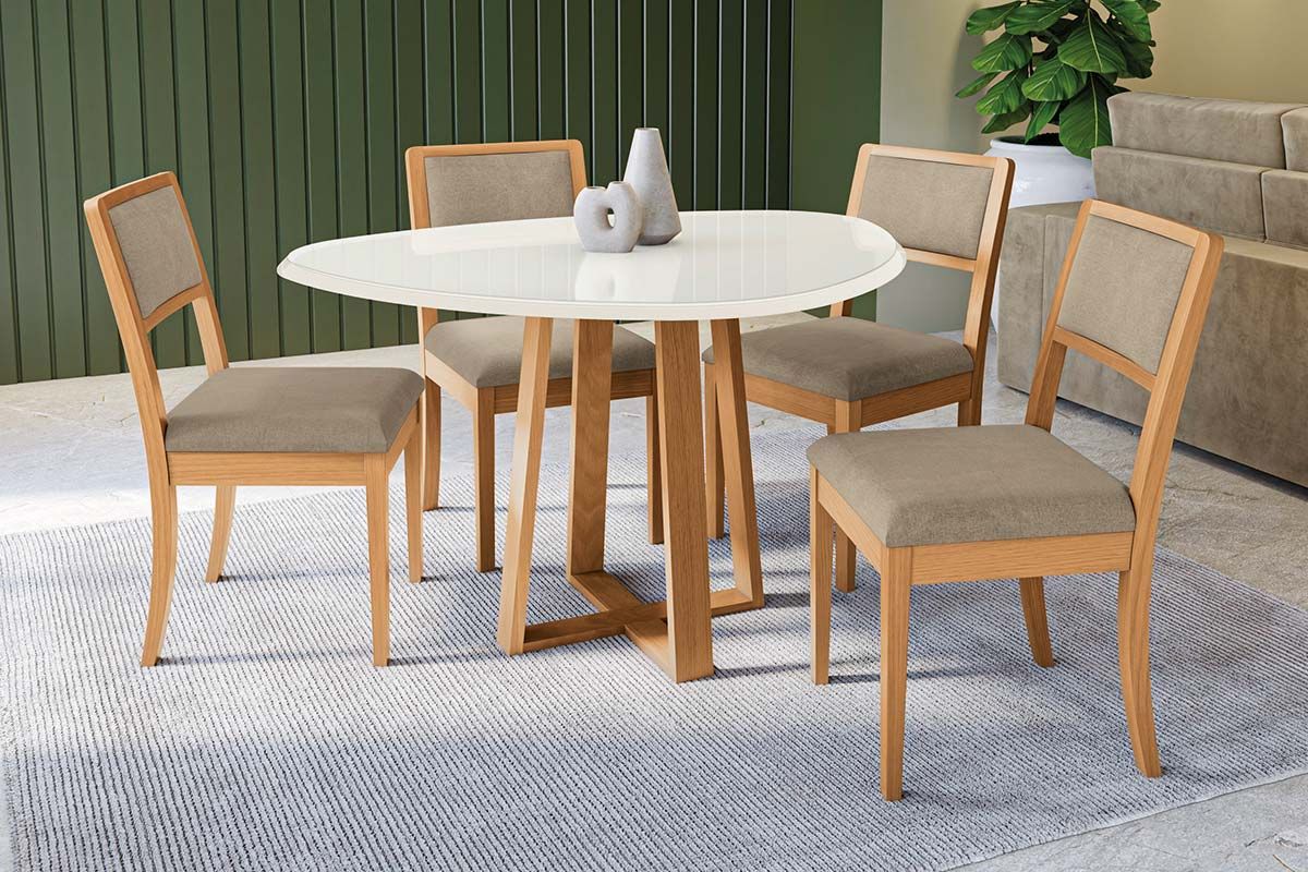 Sala Jantar Mesa Elma Premium Madeira Maciça c/ Tampo Madeirado c/ Vidro 135x105cm e 4 Cadeiras Alice - Kappesberg