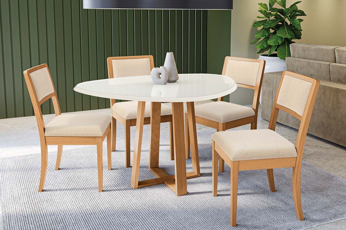 Sala Jantar Mesa Elma Premium Madeira Maciça c/ Tampo Madeirado c/ Vidro 135x105cm e 4 Cadeiras Alice - Kappesberg