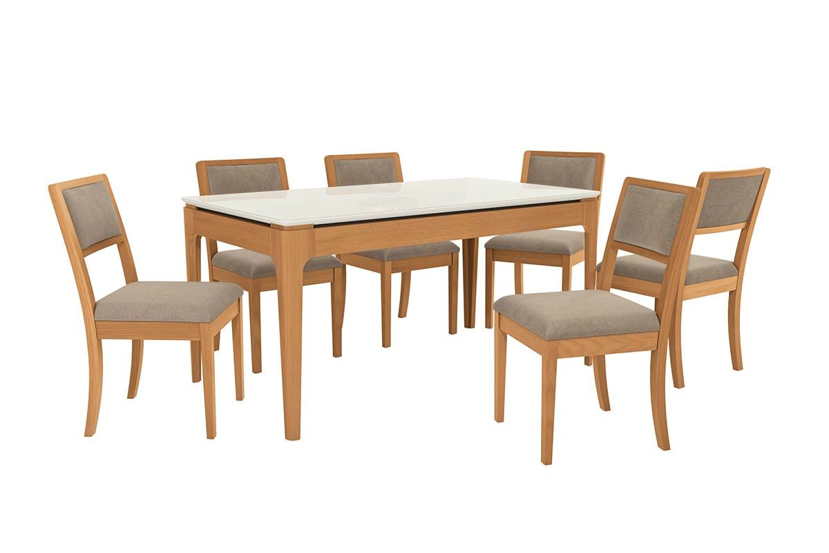 Sala Jantar Mesa Mira Premium Madeira Maciça c/ Tampo Madeirado c/ Vidro 160x90cm e 6 Cadeiras Alice - Kappesberg