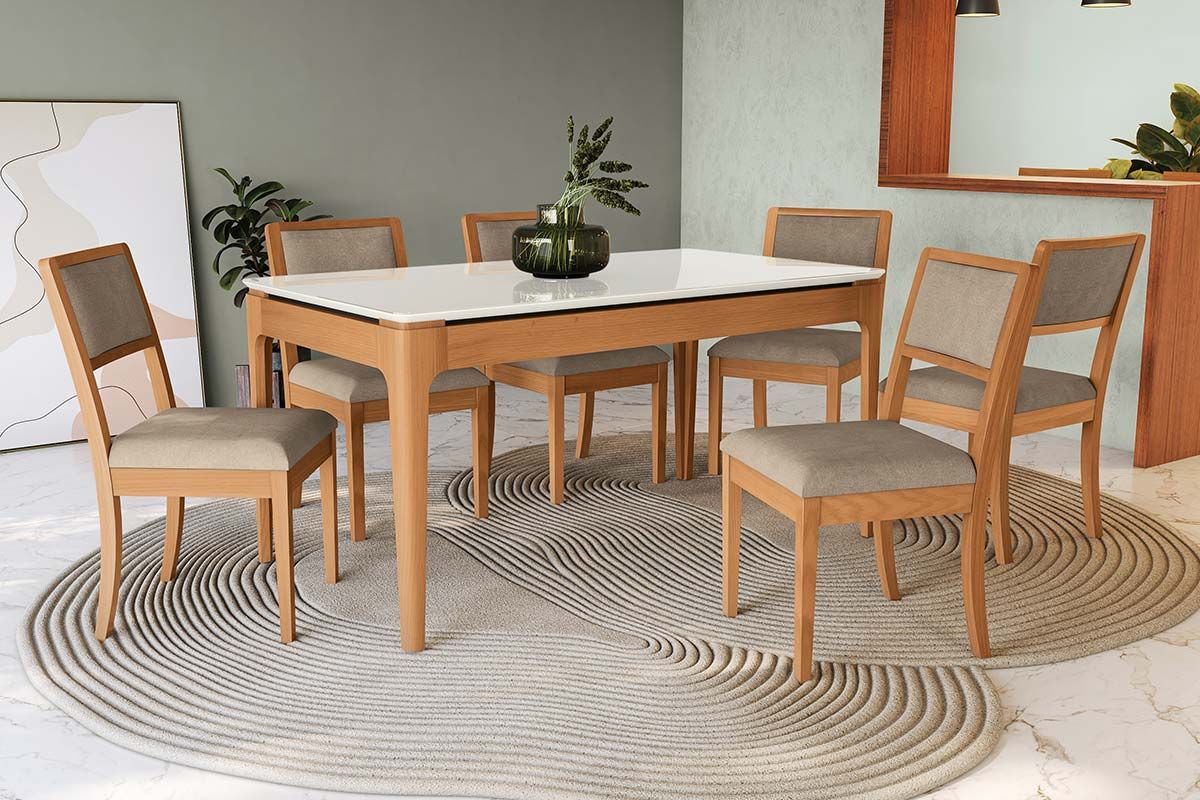 Sala Jantar Mesa Mira Premium Madeira Maciça c/ Tampo Madeirado c/ Vidro 160x90cm e 6 Cadeiras Alice - Kappesberg