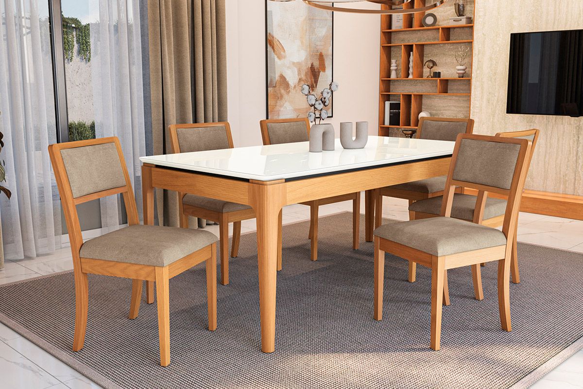 Sala Jantar Mesa Mira Premium Madeira Maciça c/ Tampo Madeirado c/ Vidro 200x100cm e 6 Cadeiras Alice - Kappesberg