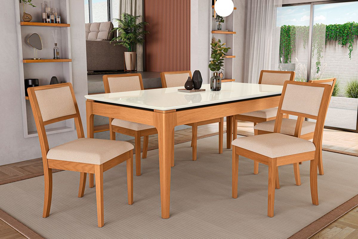 Sala Jantar Mesa Mira Premium Madeira Maciça c/ Tampo Madeirado c/ Vidro 200x100cm e 6 Cadeiras Alice - Kappesberg