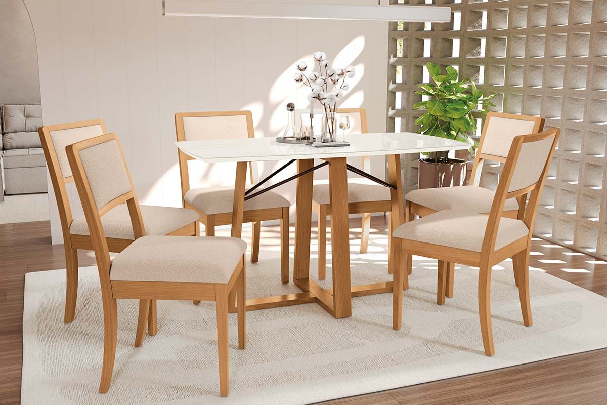 Sala Jantar Mesa Elma Premium Madeira Maciça c/ Tampo Madeirado c/ Vidro 170x90cm e 6 Cadeiras Alice - Kappesberg