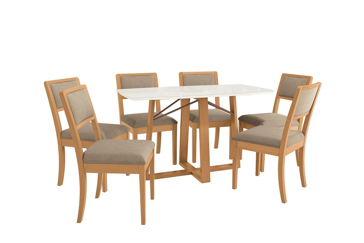 Sala Jantar Mesa Elma Premium Madeira Maciça c/ Tampo Madeirado c/ Vidro 170x90cm e 6 Cadeiras Alice - Kappesberg