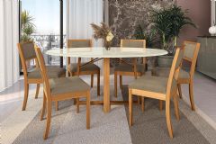 Sala Jantar Mesa Elma Premium Madeira Maciça c/ Tampo Madeirado c/ Vidro 180x105cm e 6 Cadeiras Alice - Kappesberg