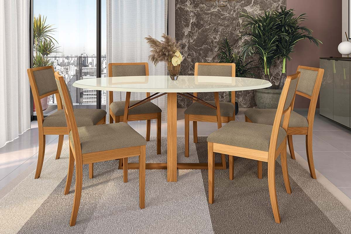 Sala Jantar Mesa Elma Premium Madeira Maciça c/ Tampo Madeirado c/ Vidro 180x105cm e 6 Cadeiras Alice - Kappesberg