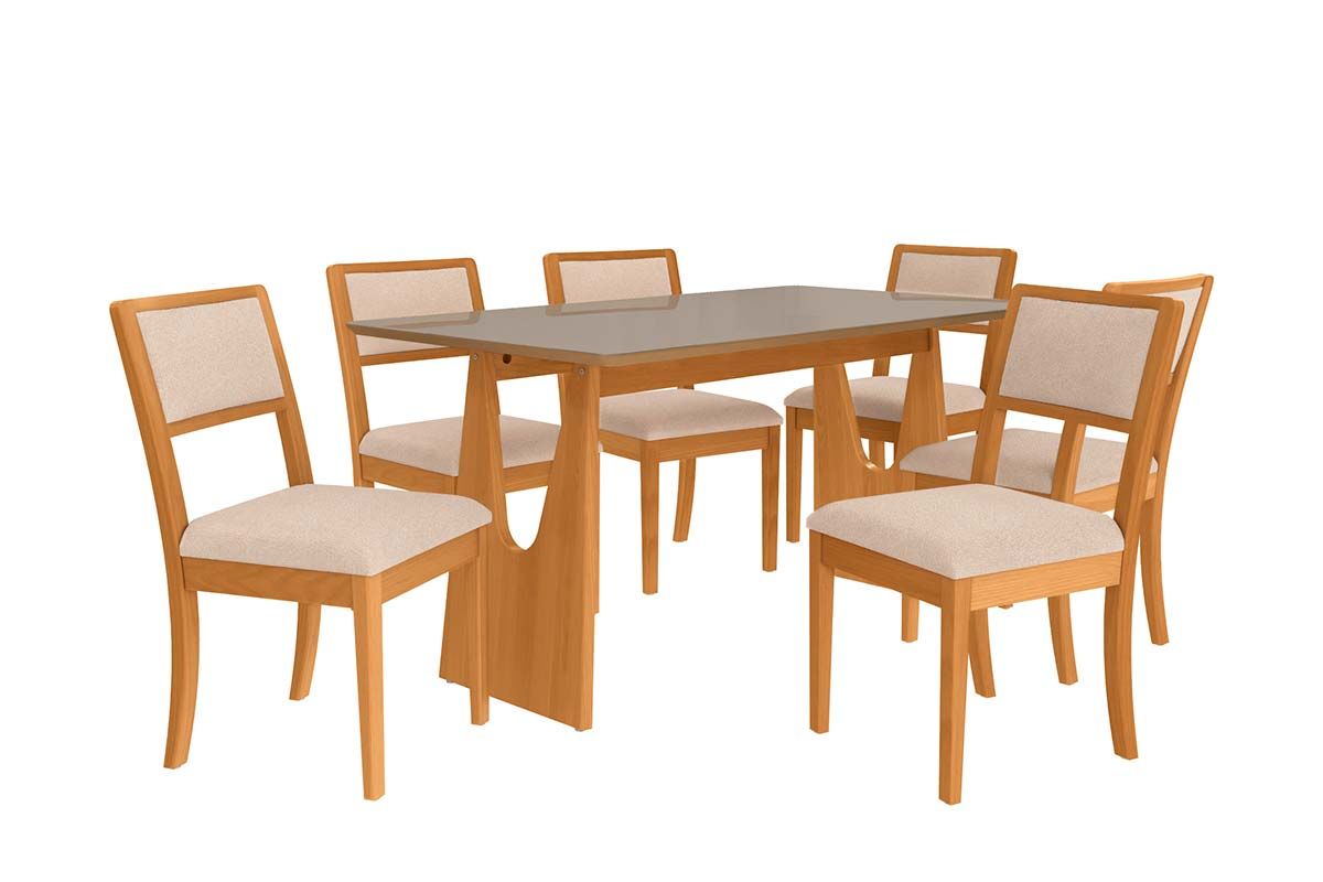 Sala Jantar Mesa Mila Premium Madeira Maciça c/ Tampo Madeirado c/ Vidro 160x90cm e 6 Cadeiras Alice - Kappesberg