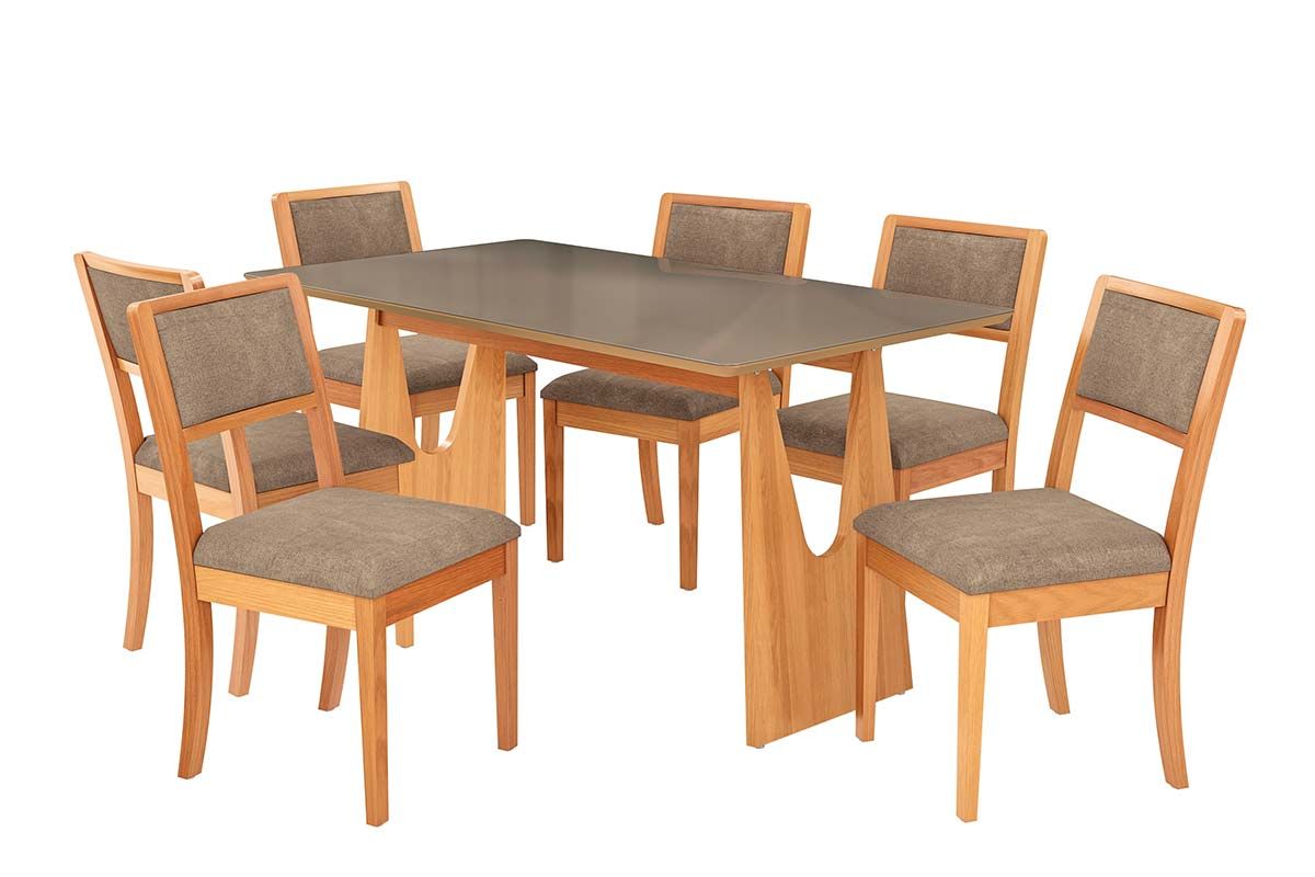 Sala Jantar Mesa Mila Premium Madeira Maciça c/ Tampo Madeirado c/ Vidro 160x90cm e 6 Cadeiras Alice - Kappesberg