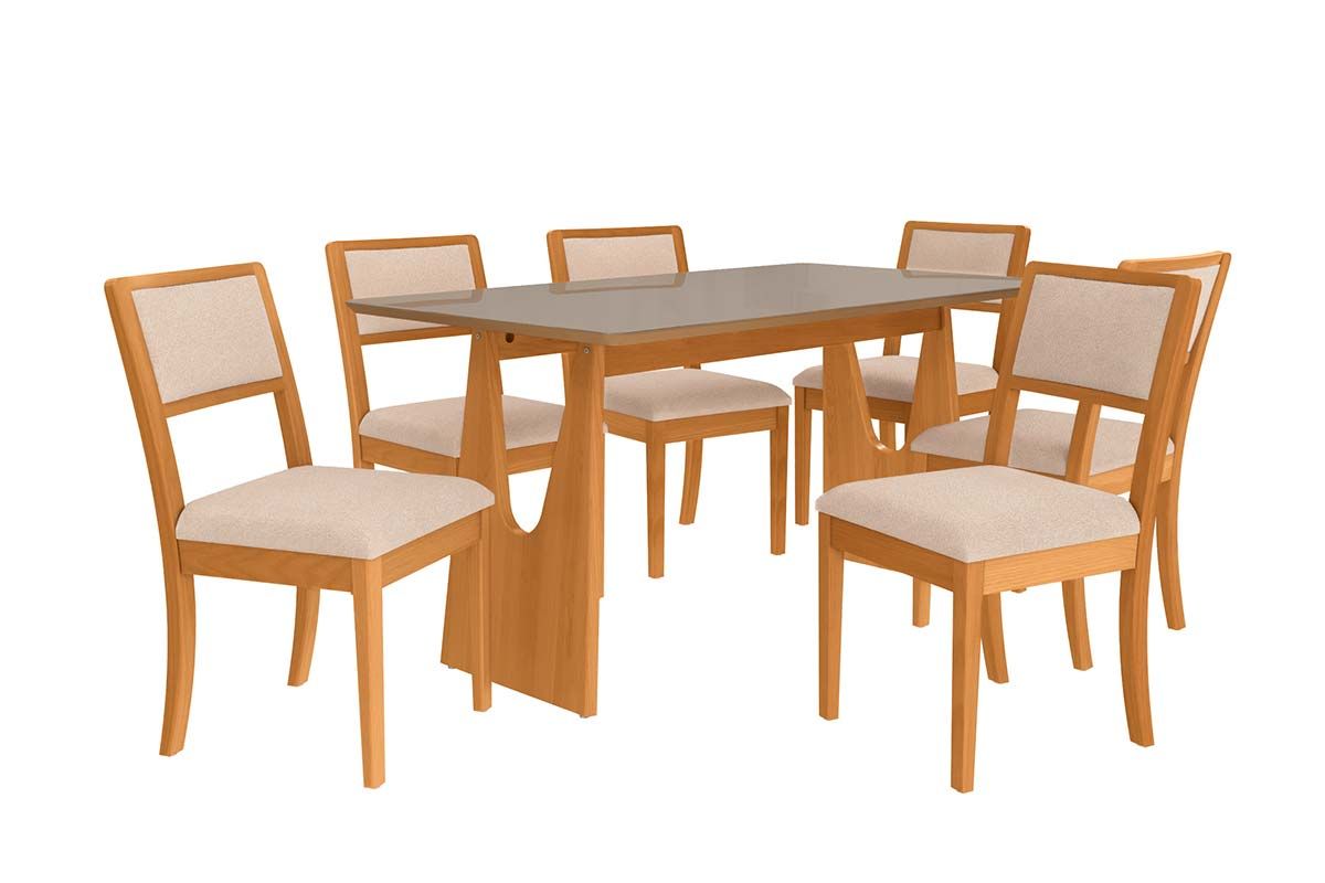 Sala Jantar Mesa Mila Premium Madeira Maciça c/ Tampo Madeirado c/ Vidro 160x90cm e 6 Cadeiras Alice - Kappesberg