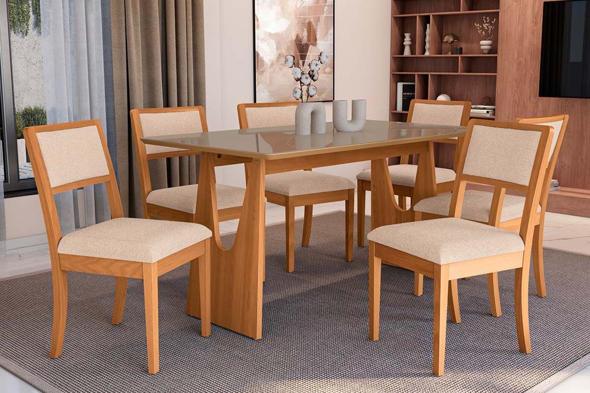 Sala Jantar Mesa Mila Premium Madeira Maciça c/ Tampo Madeirado c/ Vidro 160x90cm e 6 Cadeiras Alice - Kappesberg