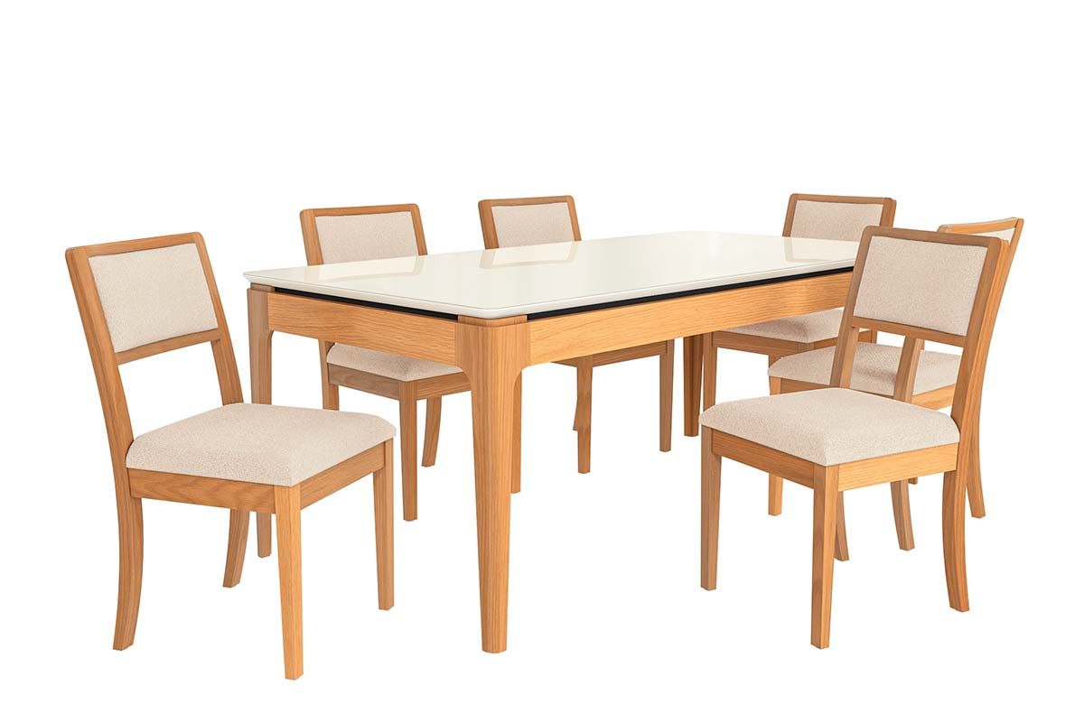 Sala Jantar Mesa Mira Premium Madeira Maciça c/ Tampo Madeirado c/ Vidro 200x100cm e 6 Cadeiras Alice - Kappesberg