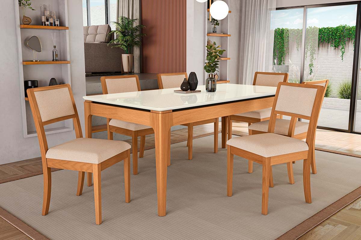 Sala Jantar Mesa Mira Premium Madeira Maciça c/ Tampo Madeirado c/ Vidro 200x100cm e 6 Cadeiras Alice - Kappesberg