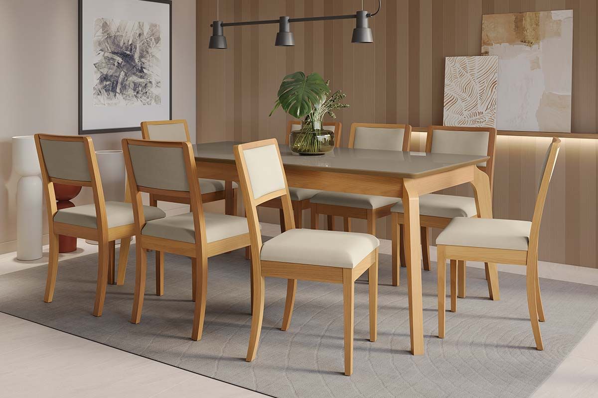 Sala Jantar Mesa Petra Premium Madeira Maciça c/ Tampo Madeirado c/ Vidro 200x100cm e 8 Cadeiras Alice - Kappesberg
