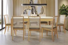 Sala Jantar Mesa Mira Premium Madeira Maciça c/ Tampo Madeirado c/ Vidro 200x100cm e 8 Cadeiras Lara - Kappesberg