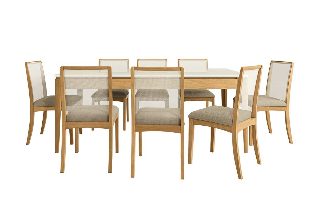 Sala Jantar Mesa Mira Premium Madeira Maciça c/ Tampo Madeirado c/ Vidro 200x100cm e 8 Cadeiras Lara - Kappesberg