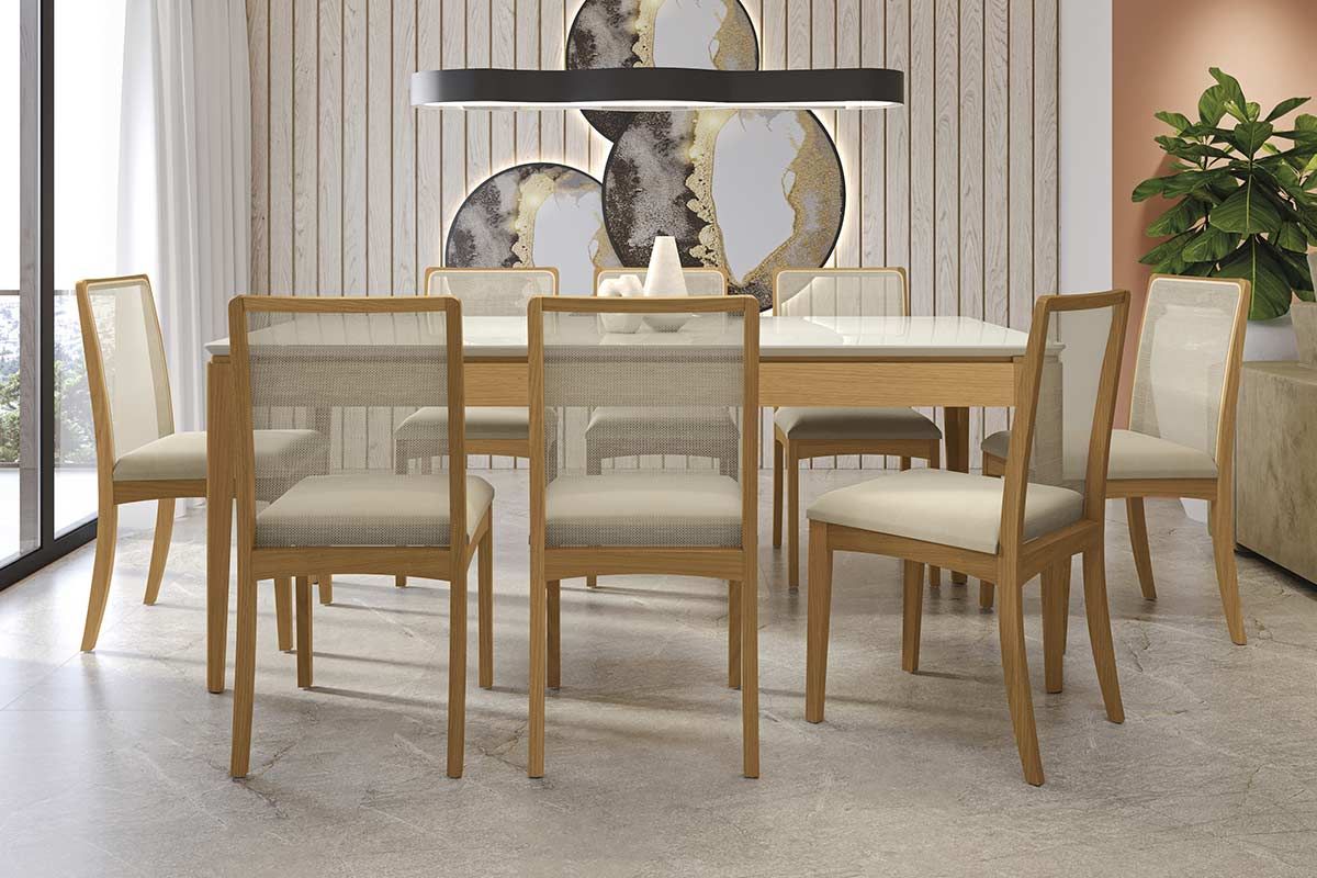 Sala Jantar Mesa Mira Premium Madeira Maciça c/ Tampo Madeirado c/ Vidro 200x100cm e 8 Cadeiras Lara - Kappesberg